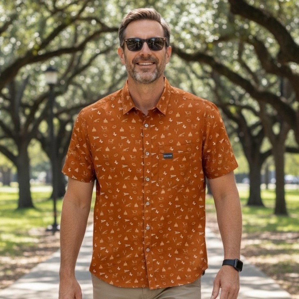 Burlebo Mens Burnt Orange Texas ATX Print Performance Button Down Shirt Size M